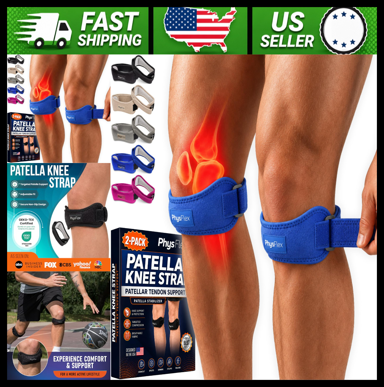 PhysFlex 2 Pack Patella Knee Brace Adjustable Strap Knee Support Blue