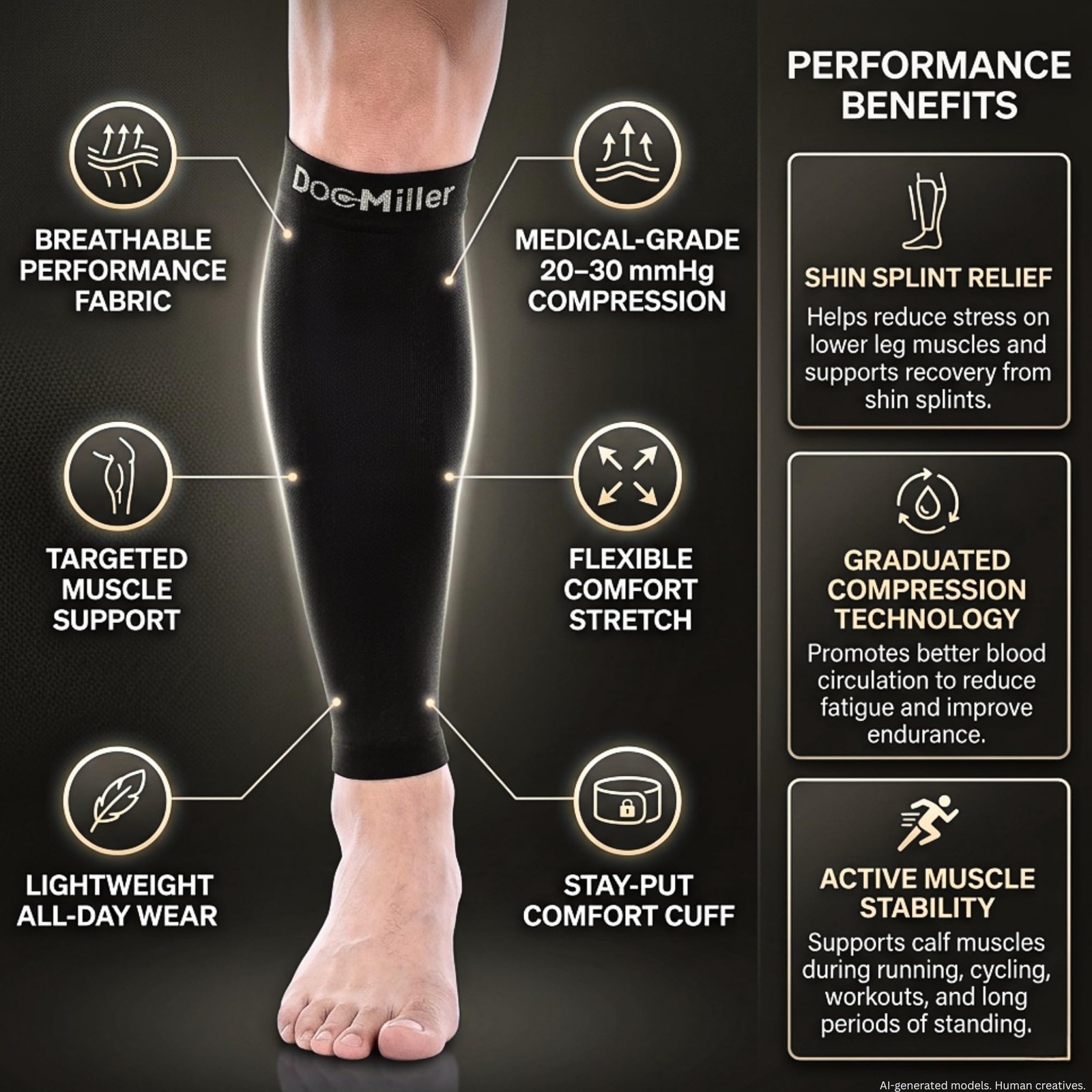 Doc Miller Calf Compression Sleeves for Petite Women & Men, Medium, Beige