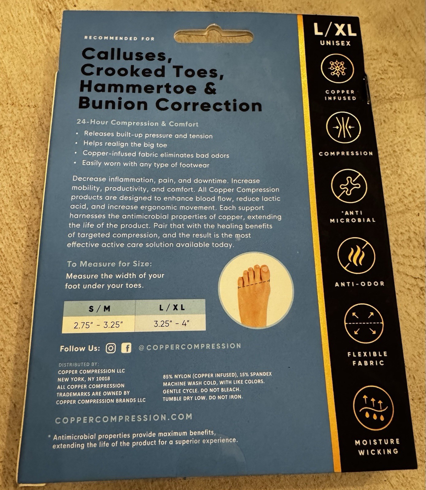 NEW Copper Compression Bunion Sleeve 1 Pair Size Large/X-Large *Open Box