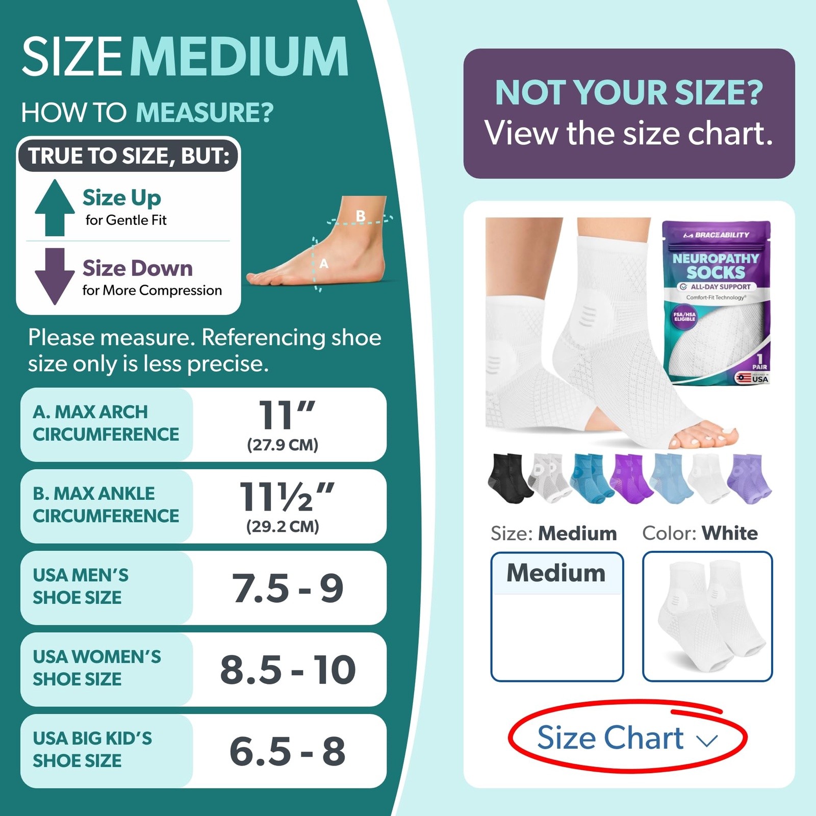 BraceAbility Neuropathy Socks M White 1 Pair