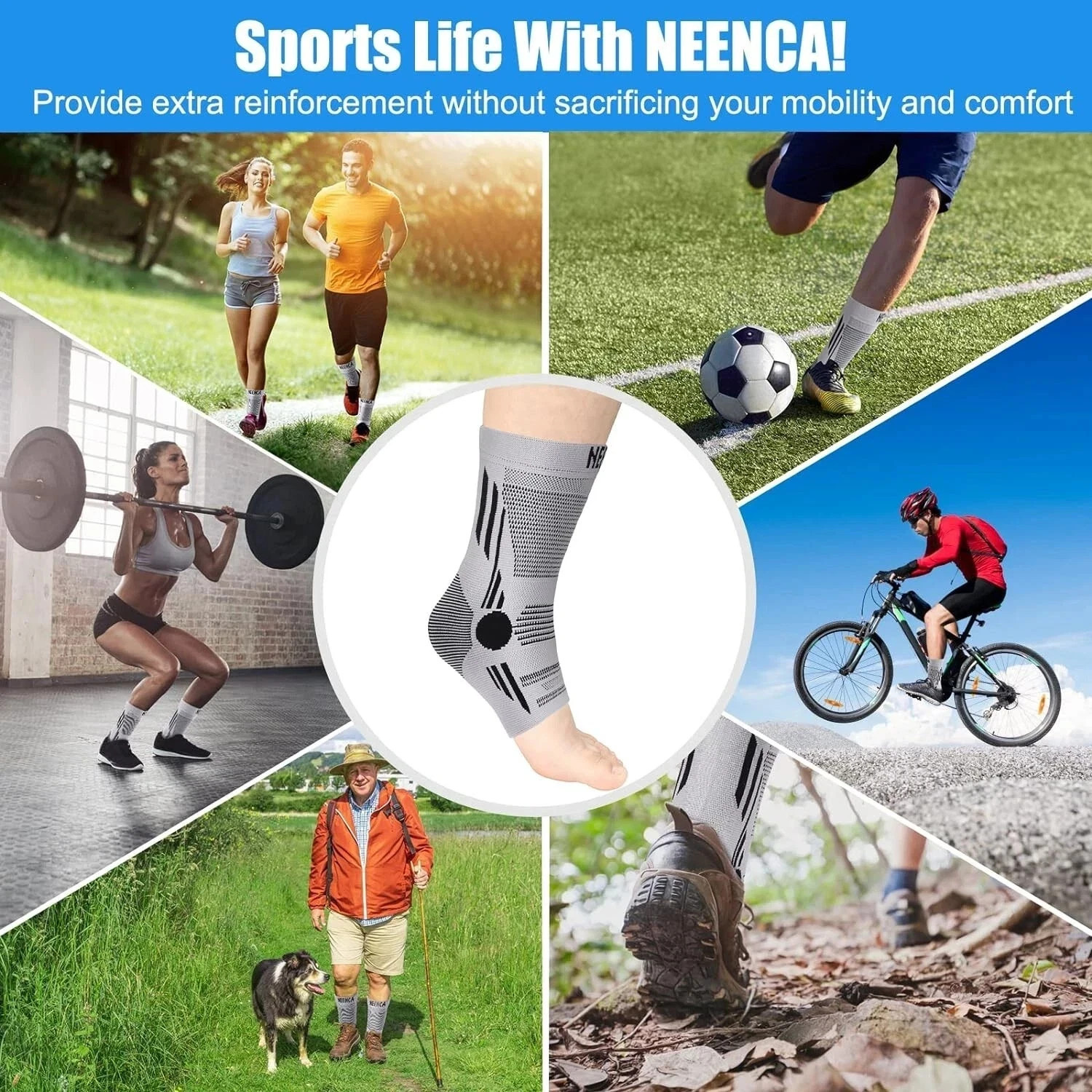2 PACK – NEENCA Ankle Brace Compression Sleeves – Grey/Black – Small