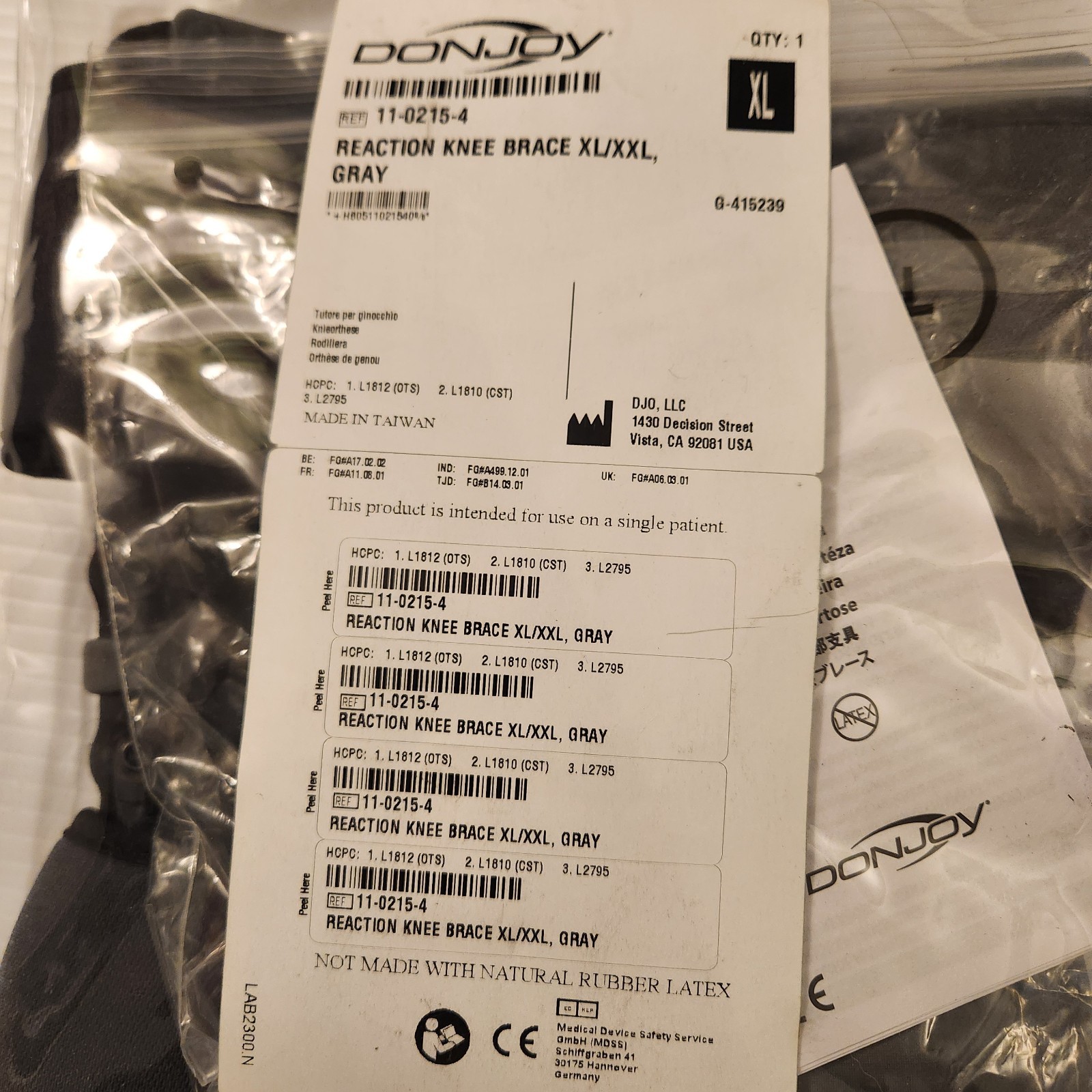 DONJOY Reaction Knee Brace XL/XXL Gray with XL Sleeve 11-0215-4 NEW