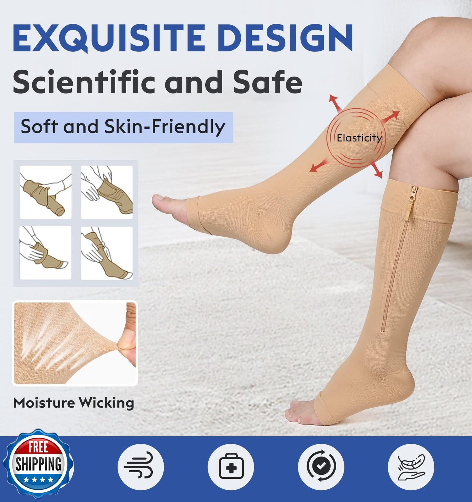 KEKING® Zipper Compression Socks for Men Women, Open Toe, 20-30mmHg Firm Supp