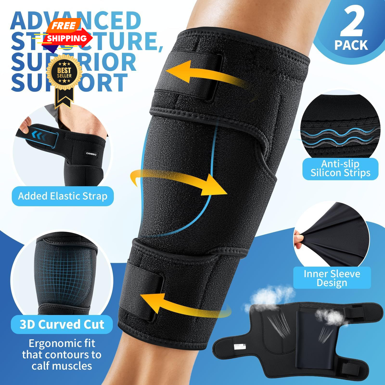 CAMBIVO Calf Brace – Adjustable Compression Sleeve, 2 Pack Medium, Black