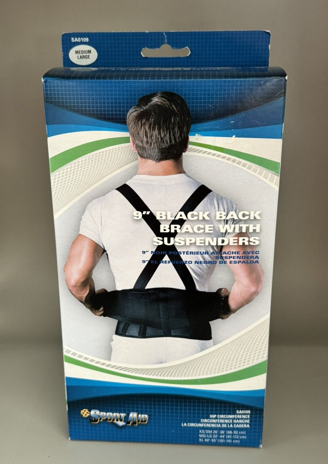 Sport Aid Back Brace with Suspenders, Medium/Large Black 9″