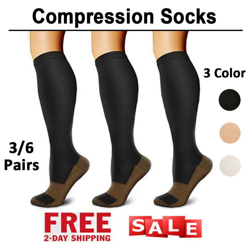3Pairs Copper Compression Socks 20-30mmHg Graduated Support Mens Womens S/M L/XL