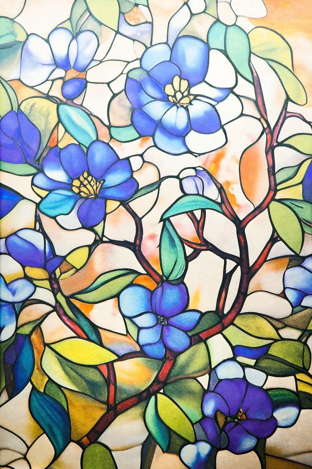 Stained Glass Window Film Floral Privacy Static Cling UV Heat Control 24×36, New