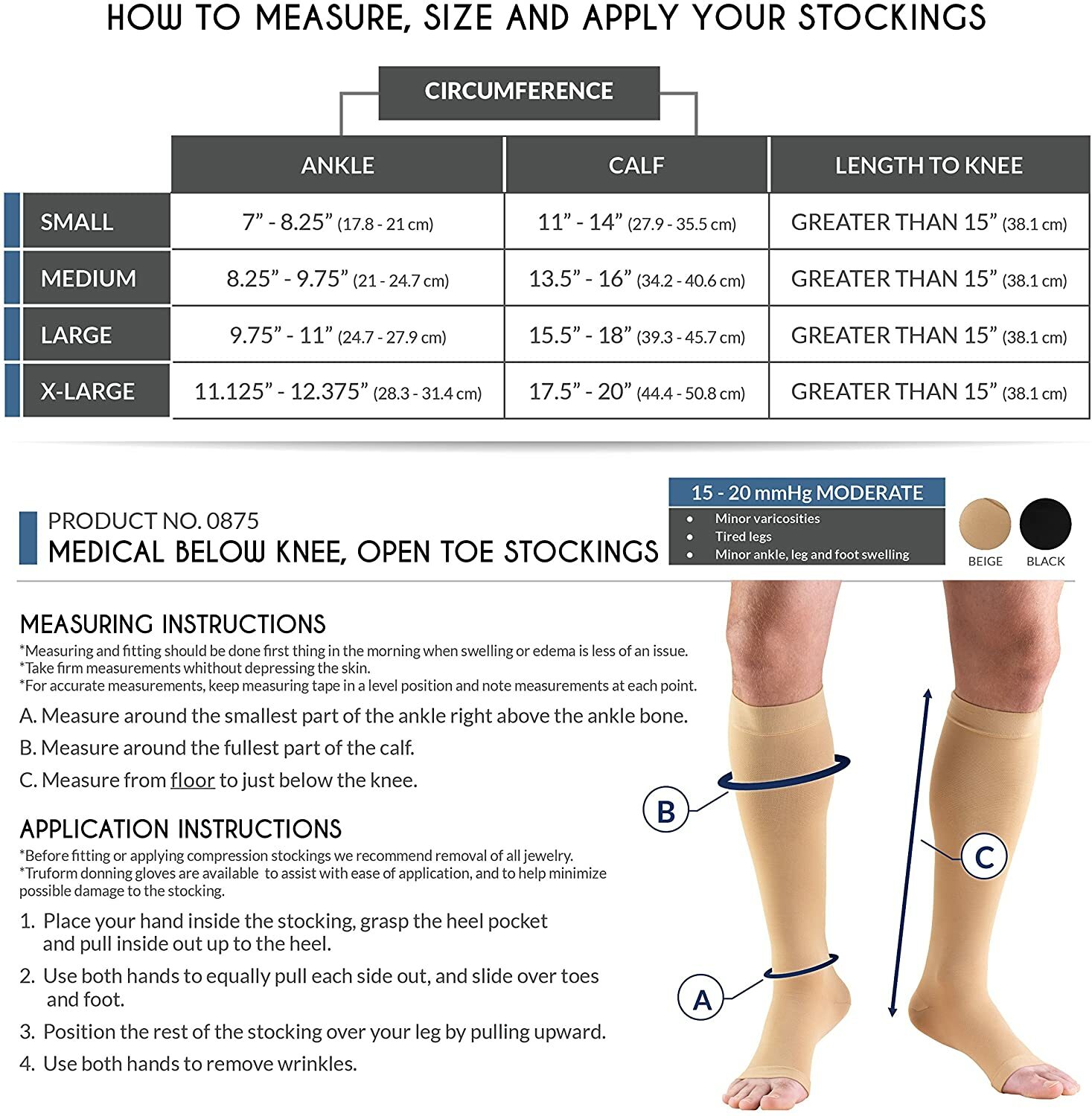 Truform 0875 Compression Stocking Unisex Medical [15-20 mmHg] Open Toe 2x Pairs