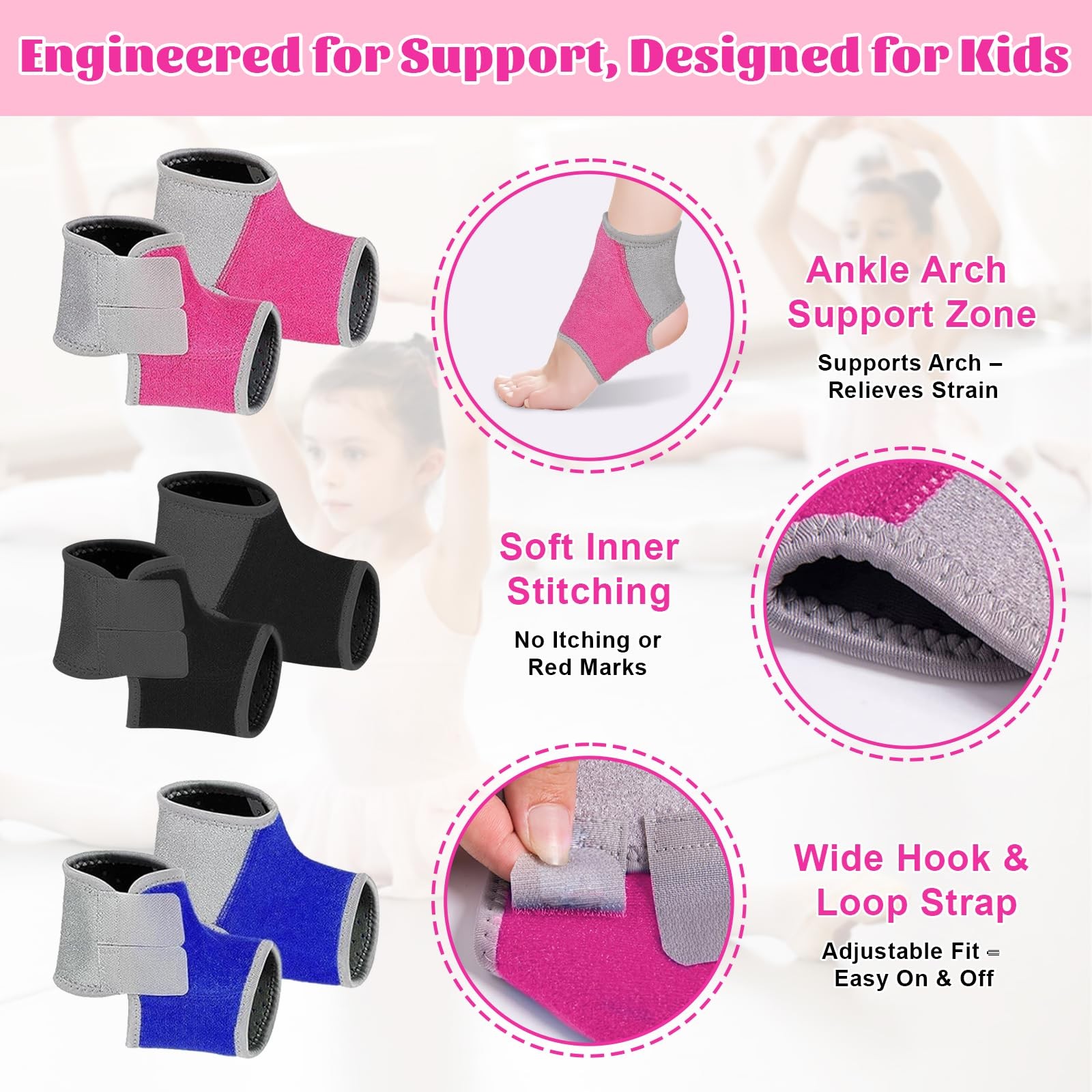 2 Pairs Kids Ankle Brace Wrap Sprain Adjustable Foot Stabilizer Pink Small