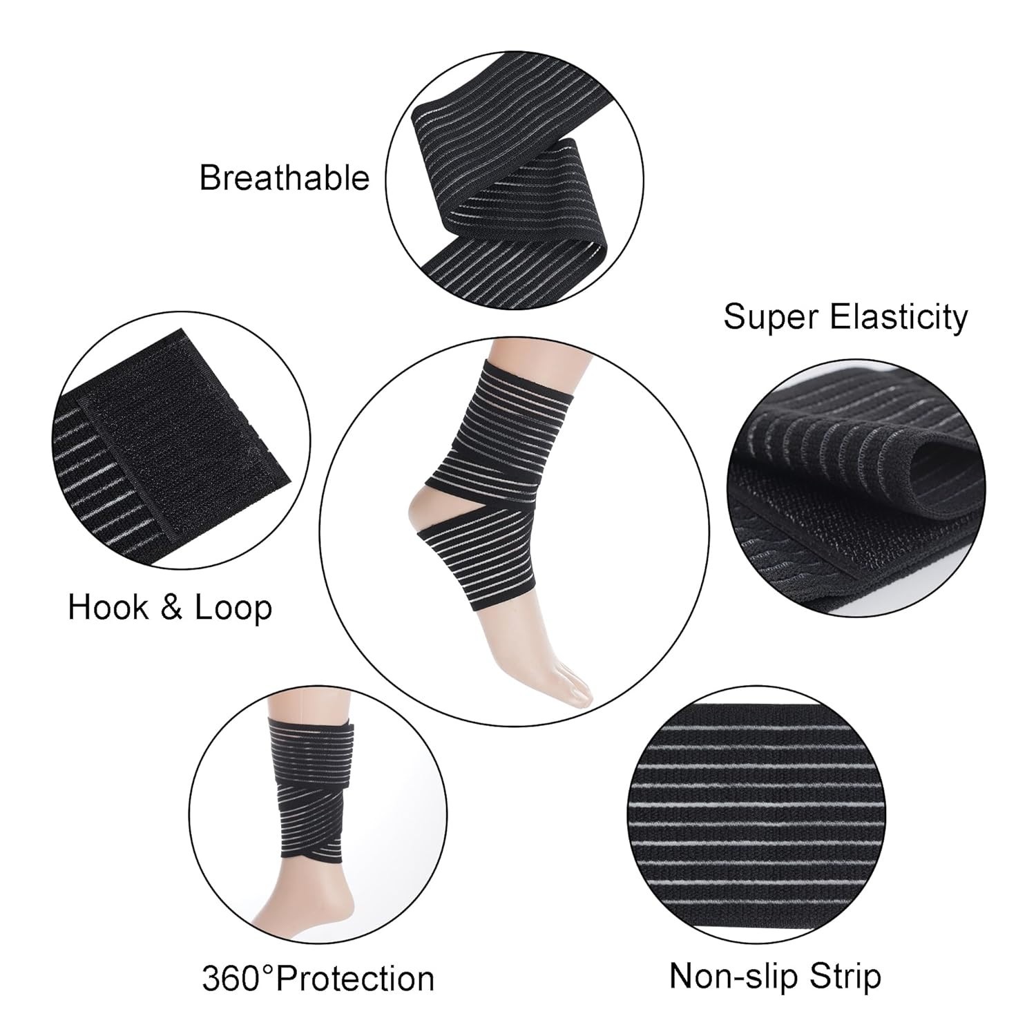 4 Adjustable Black Ankle Compression Bandages for Pain Relief & Sports Support