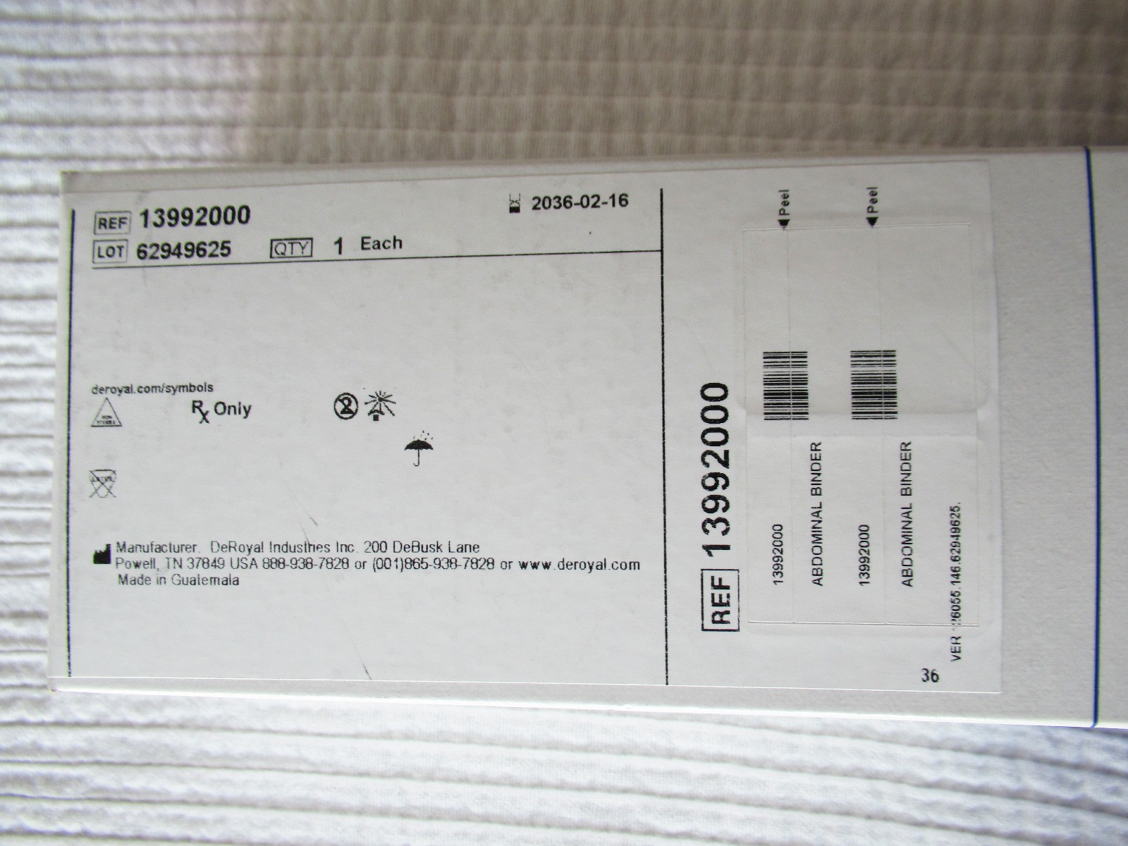 DeRoyal Abdominal Binder REF 13992000 Size 9 In. Medium/Large 46-62 In. White