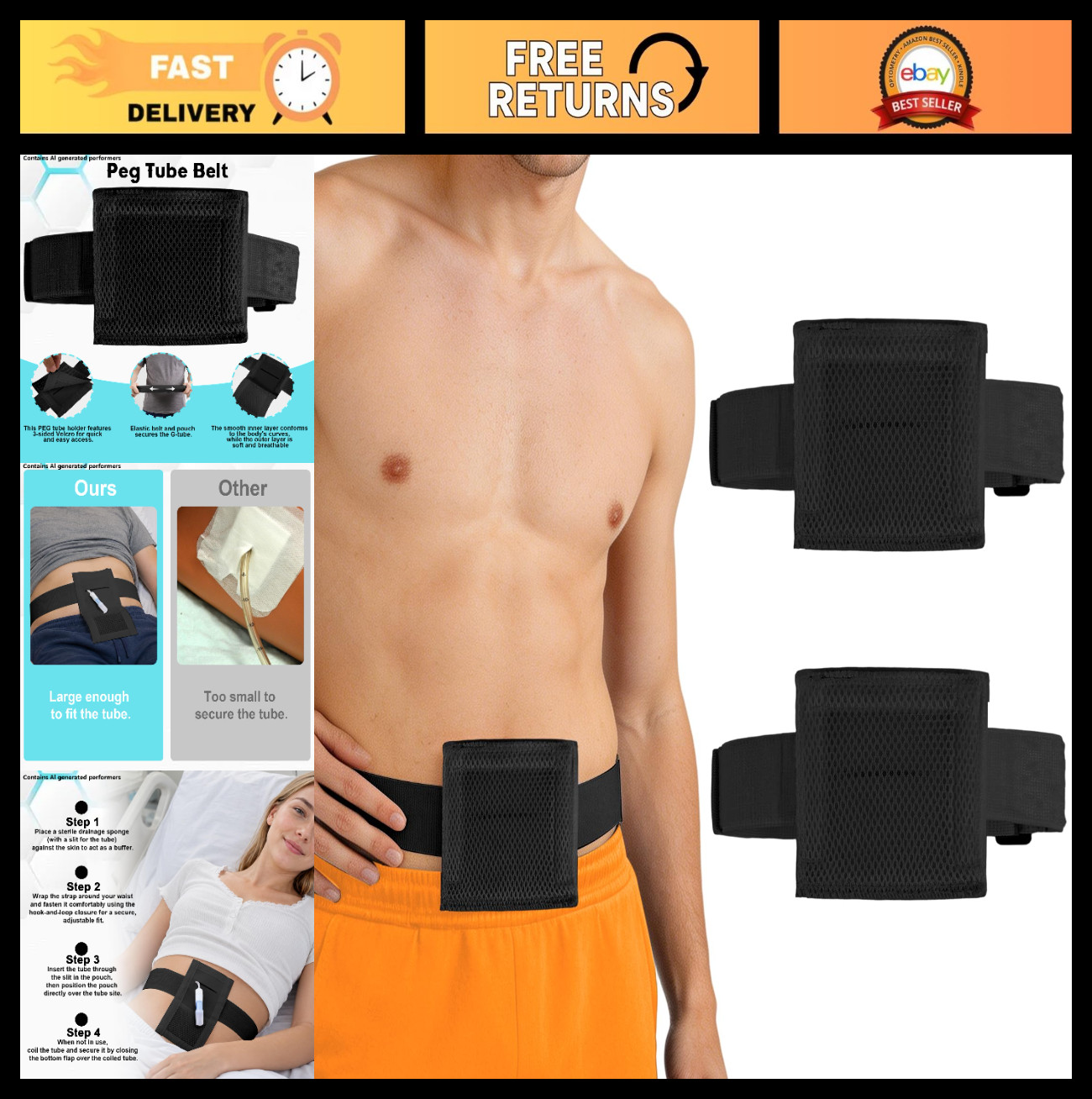 2 Pack Breathable Feeding Tube Belt with Mesh Pad, J Tube & PEG Tube Holder, Bla