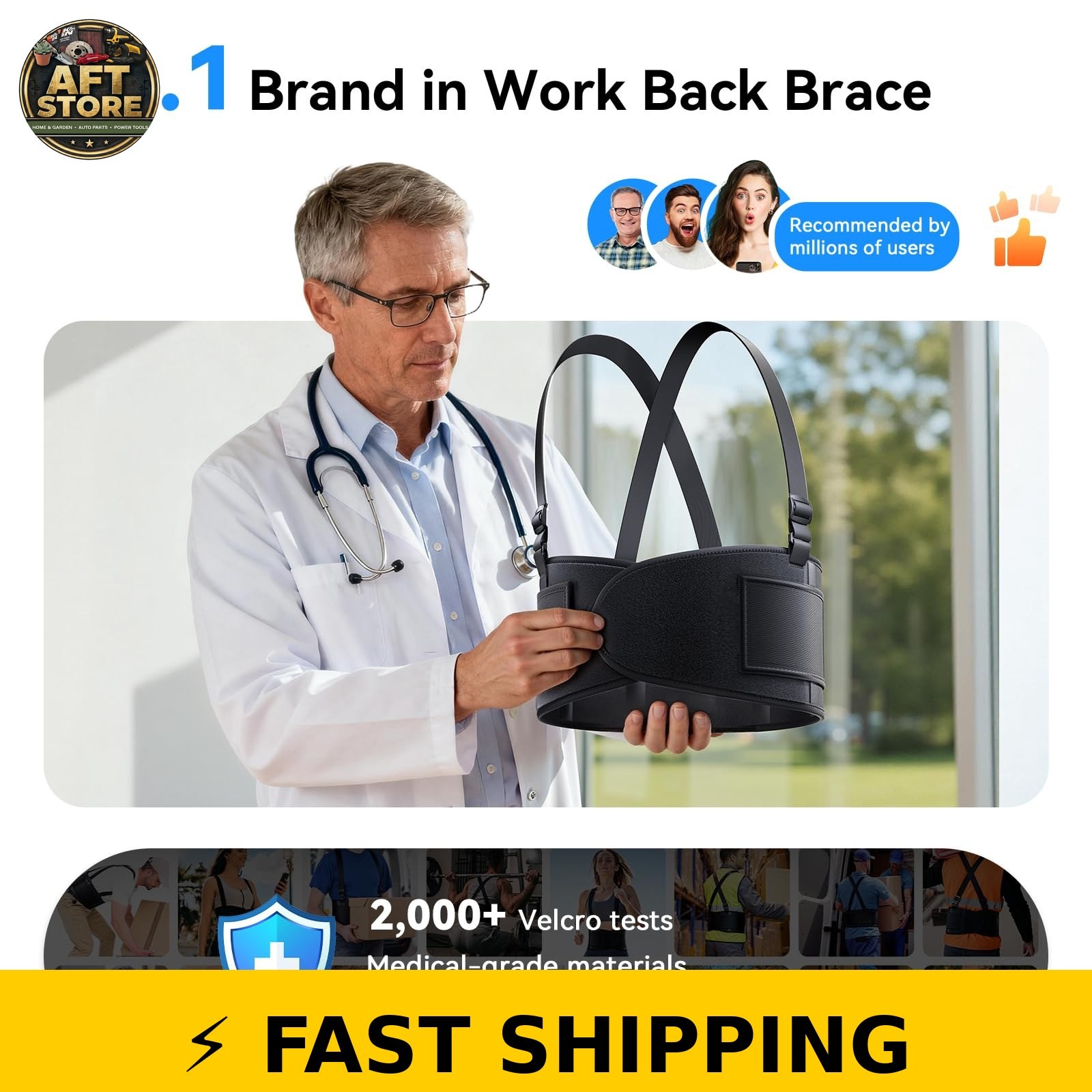 SOLOEVER Adjustable Work Back Brace for Men & Women – Black, Large