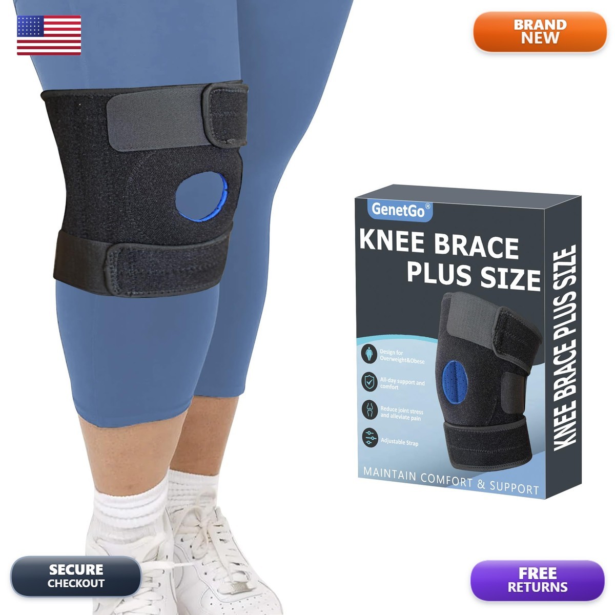 GenetGo Plus Size Knee Brace Obese Women & Men – Adjustable Knee Support