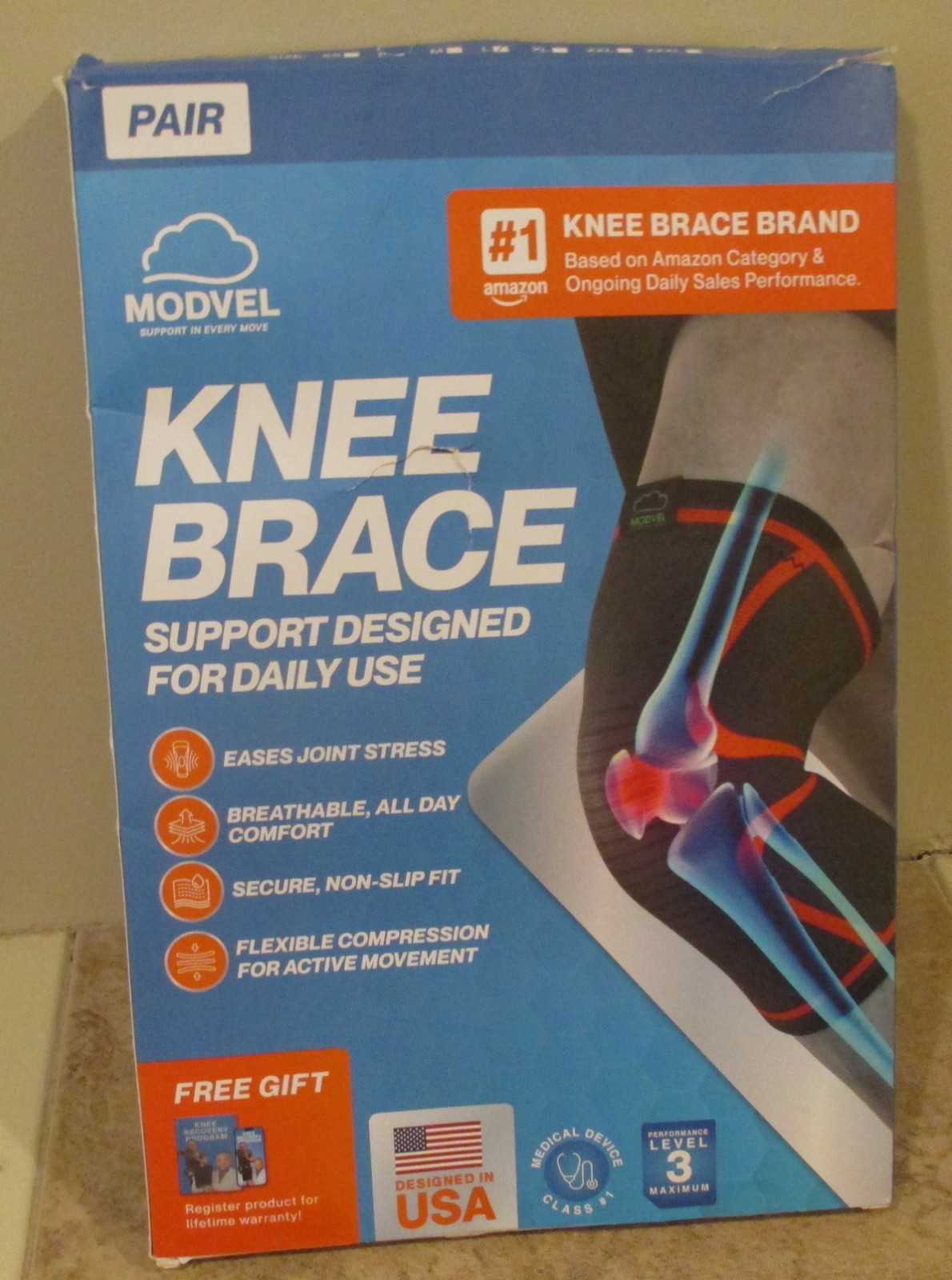 1 Pair – Modvel Knee Brace – Black – Size Large