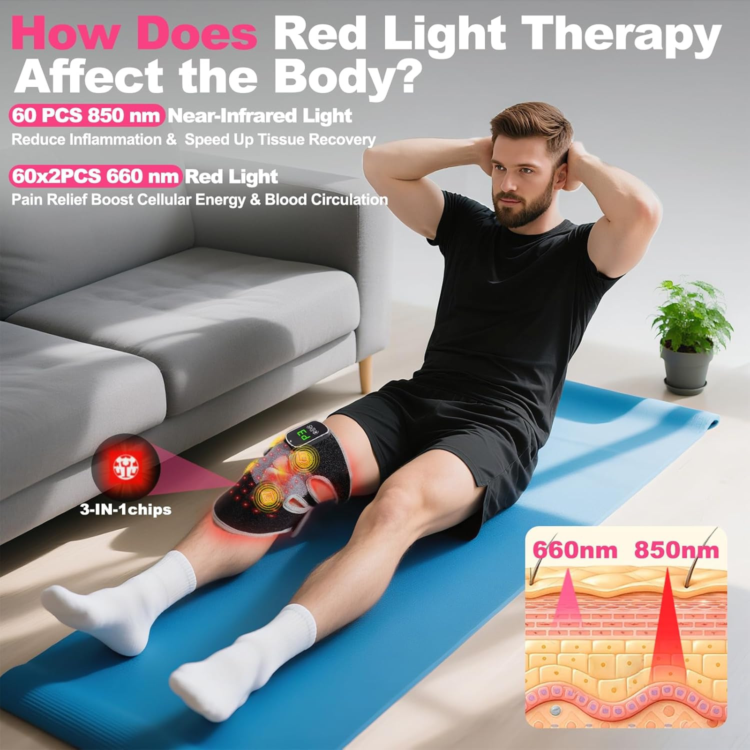 3-in-1 Heated Knee Brace with Red Light Therapy & Vibration Massage Relief
