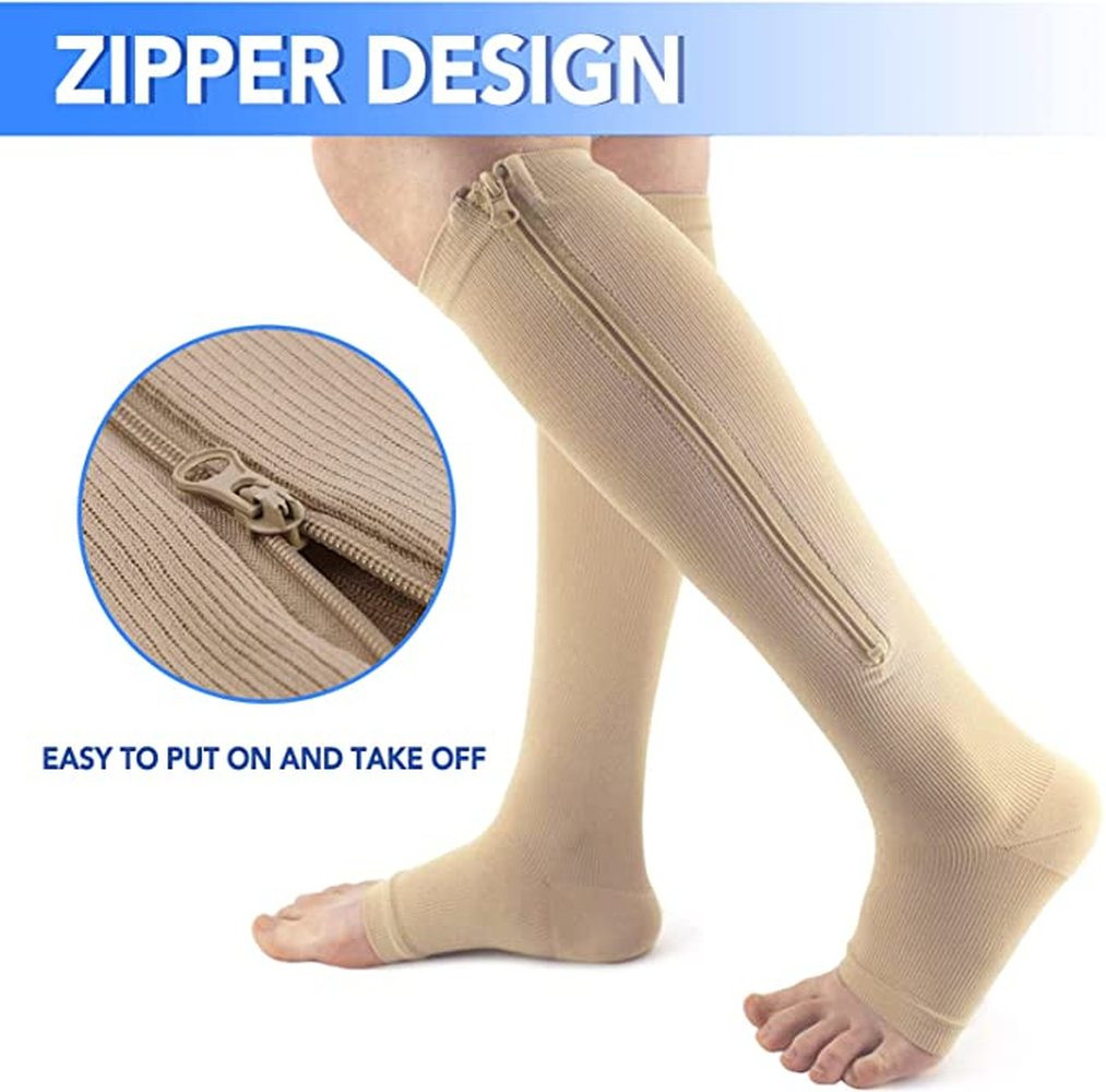 3 Pair Compression Stockings With Zipper Women Men 20-30mmgh Open-toe Long Socks