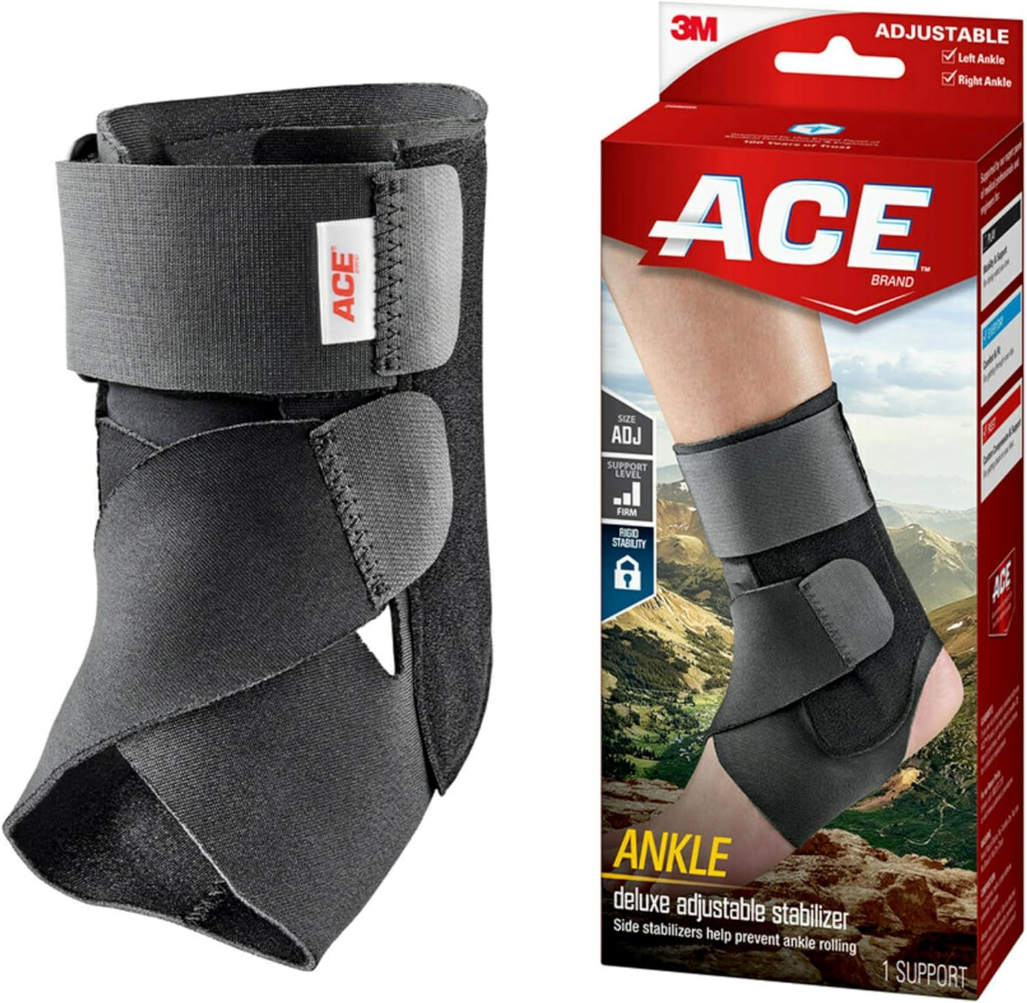 ACE Deluxe Ankle Stabilizer, Adjustable, Black, 1/Pack
