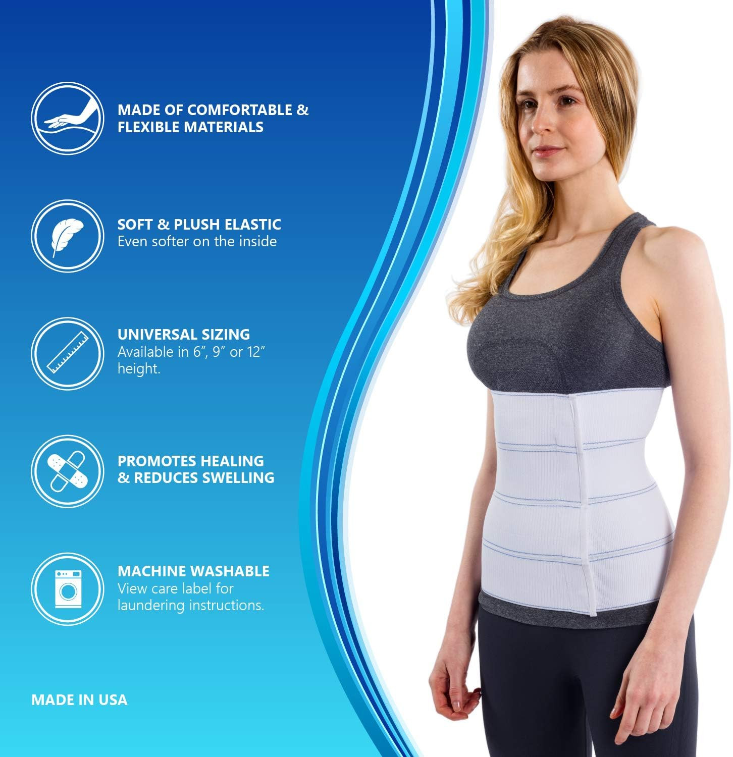 Post Surgery Abdominal Binder – 12″ Height, 4 Panel Waist Support Belt