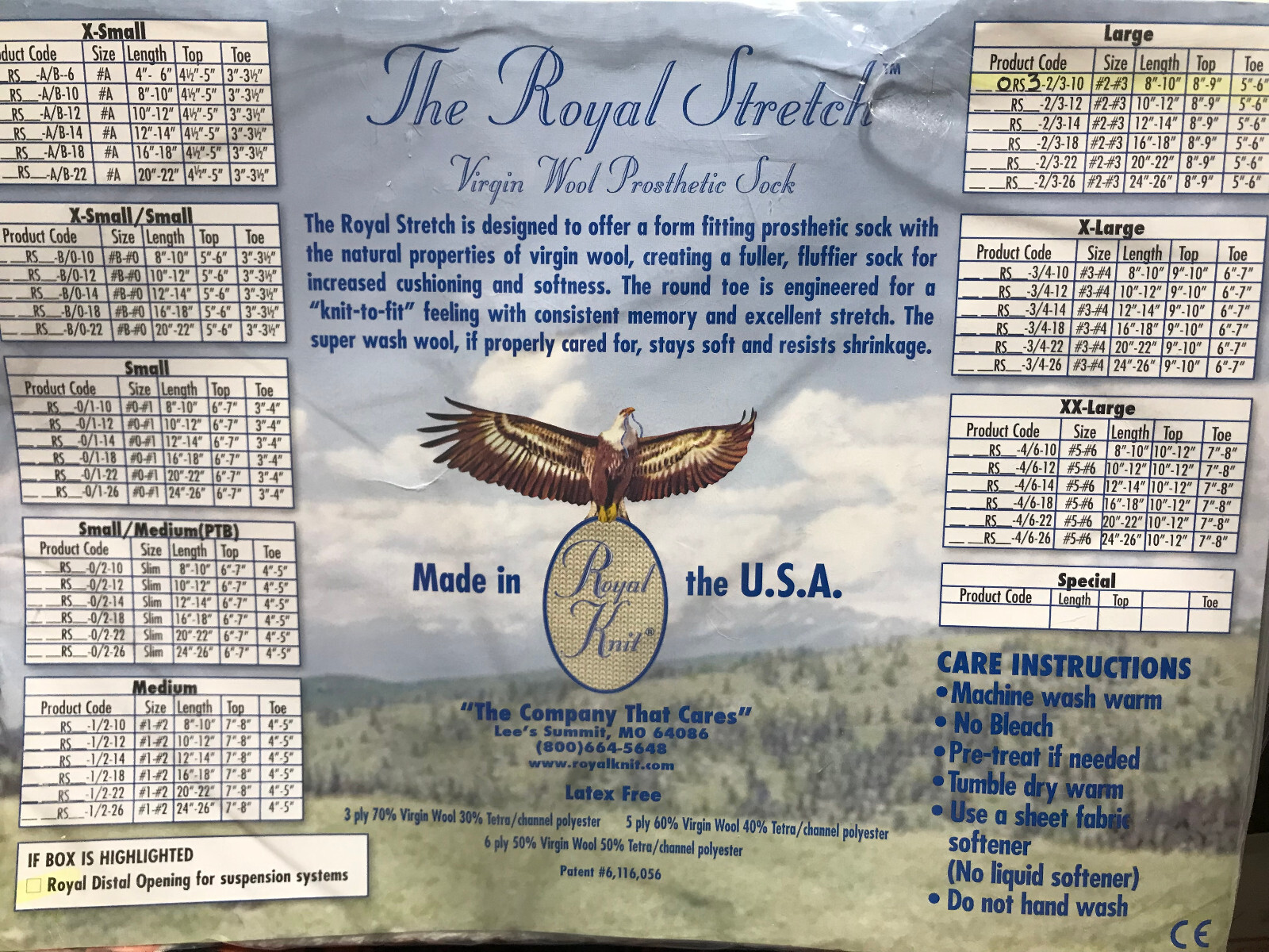 ONE NEW Virgin Wool Prosthetic Sock Size Large The Royal Stretch 10 x 9 x 6 RK3