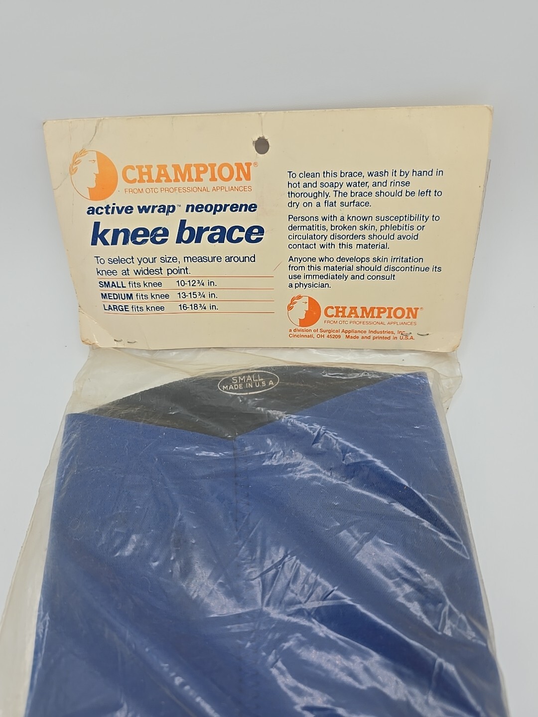 Vintage Champion Neoprene Knee Brace Made in USA, with HOR- SHU Blue, Size SMALL