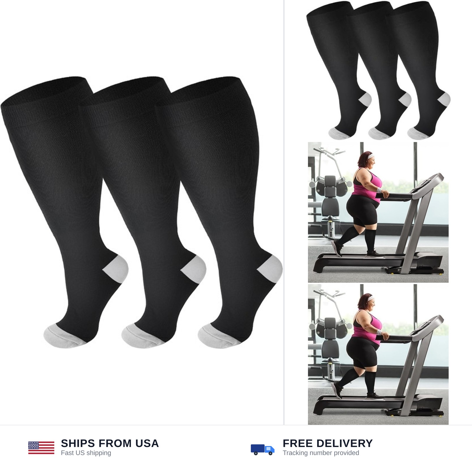 Double Couple 3 Pairs Plus Size Wide Calf Compression Socks for Women & Men 2…