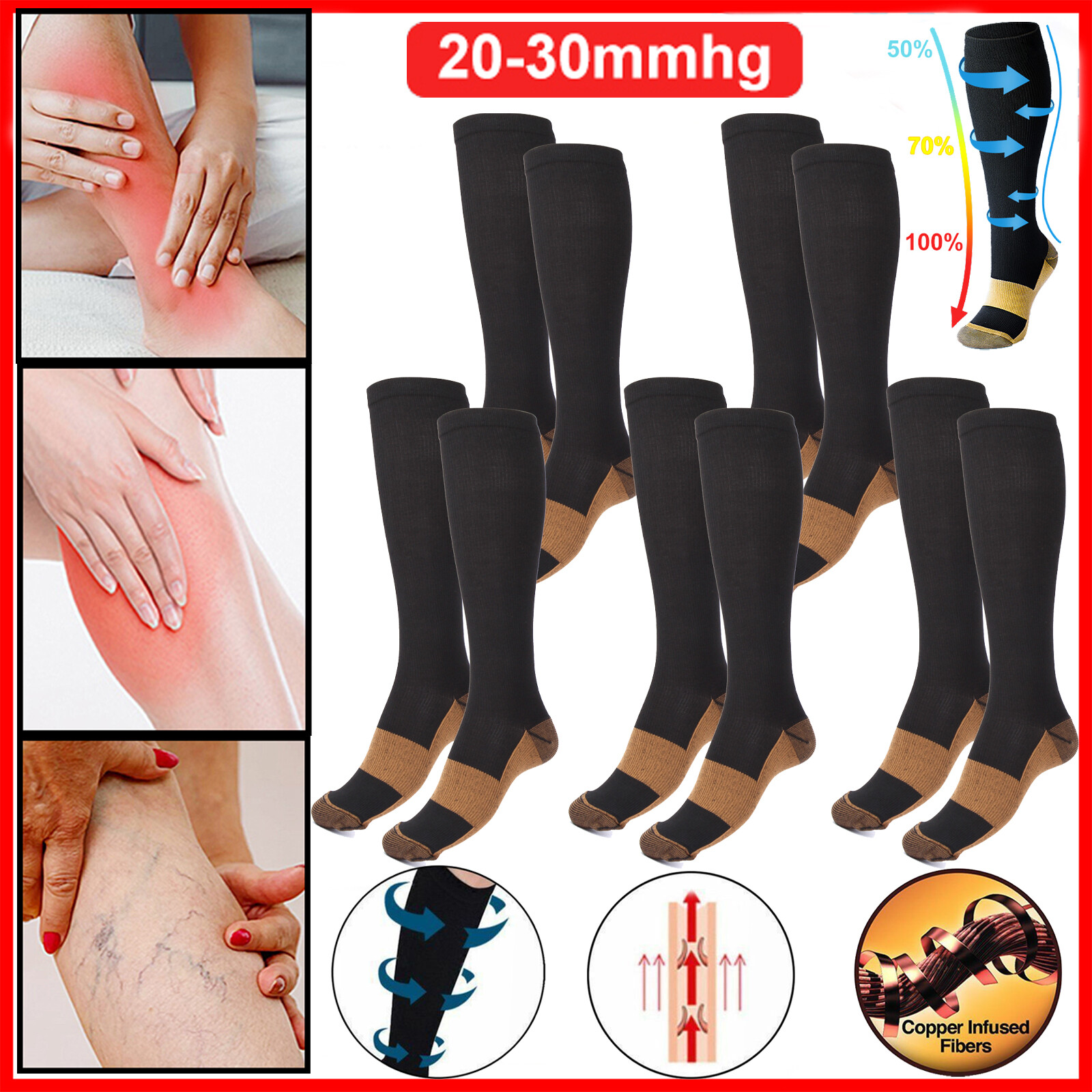 Wholesale Copper Compression Socks 20-30mmHg Graduated Support Mens Womens S-XXL