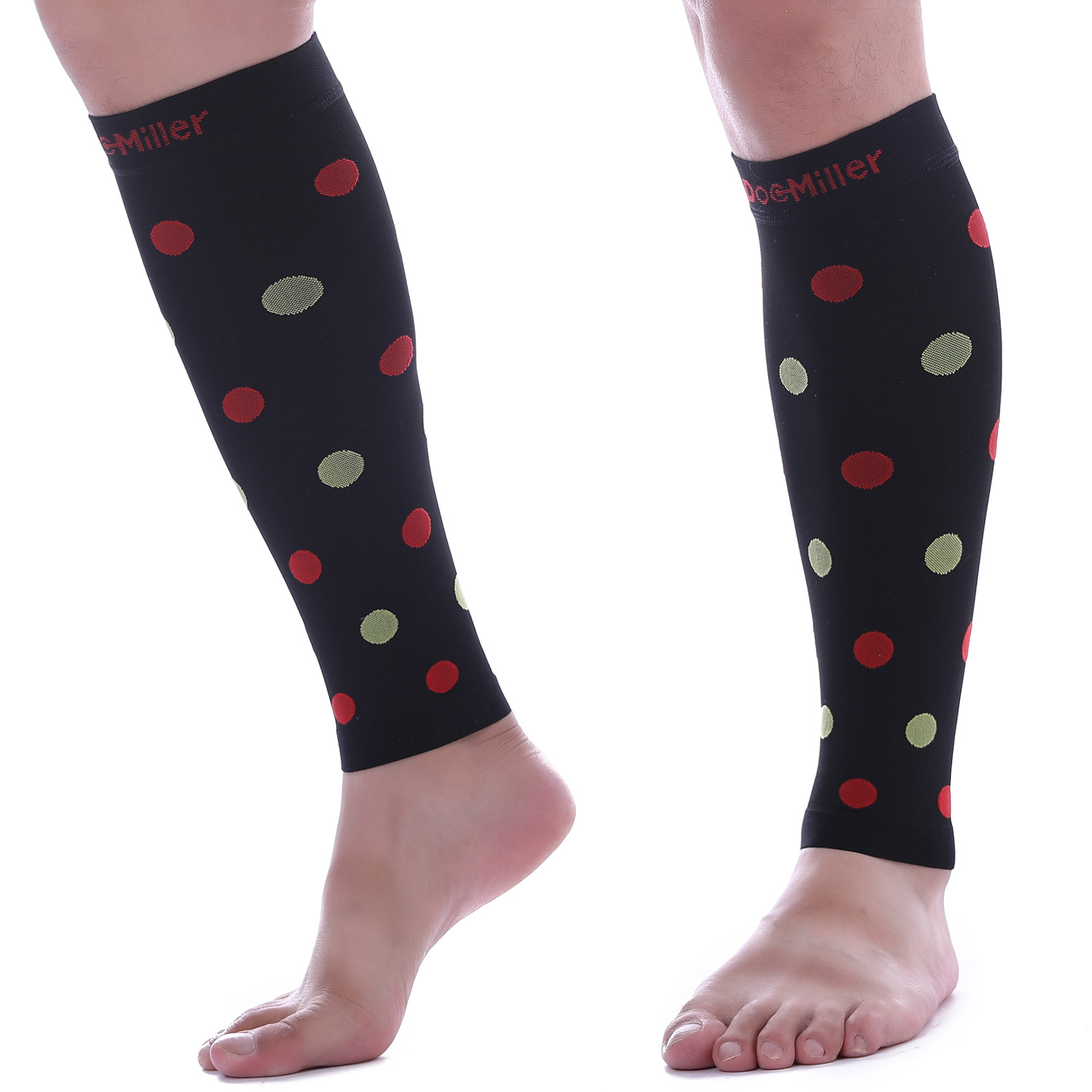 Doc Miller Calf Compression Sleeve 1Pair 20-30mmHg Varicose Polka Dot BLK/REDGRN