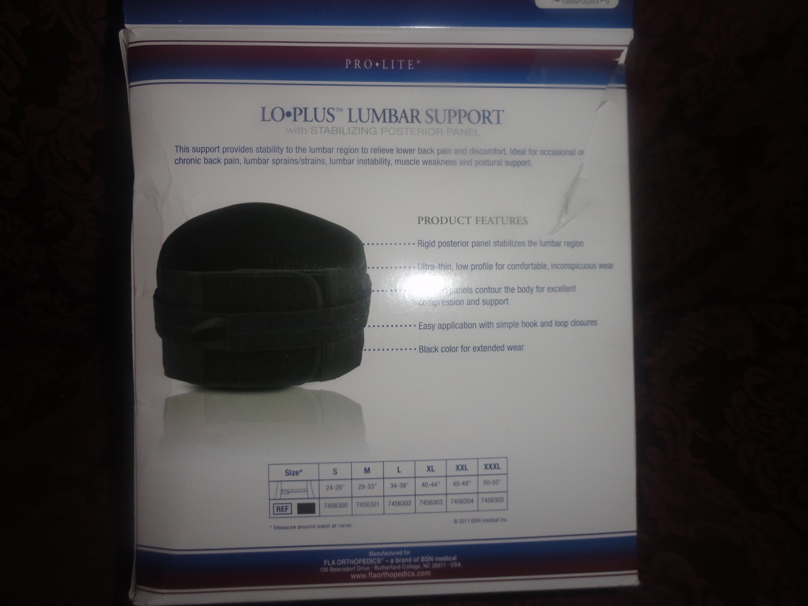 FLA Pro-Lite Lo-Plus Lumbar Support Back Brace ~ Small ~ Black ~ REF 7456300