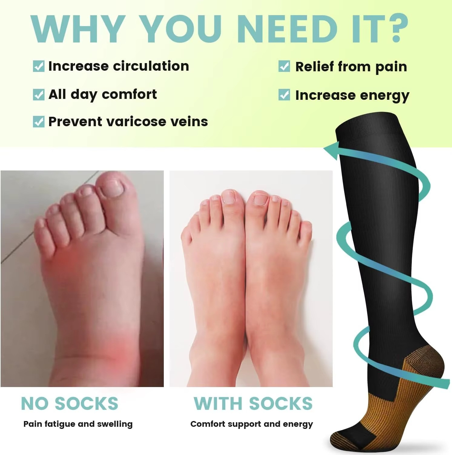 6 Pairs Solid Color Copper Compression Socks Nurse Compression Socks Black Skin