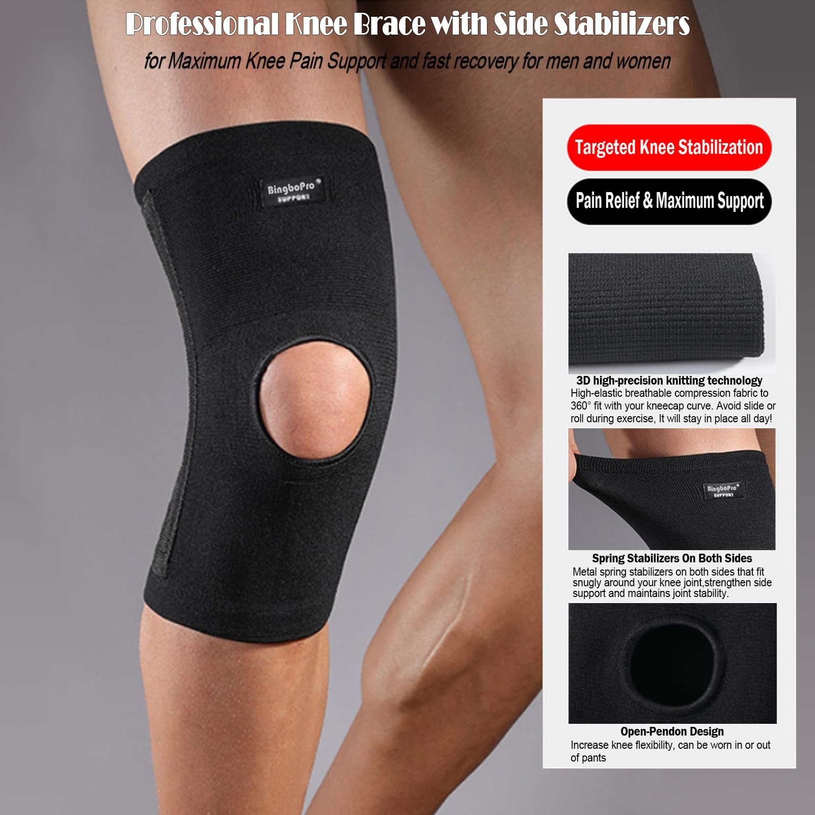 BingboPro Professional Knee Brace With Stabilizer For Men L/XL, Black