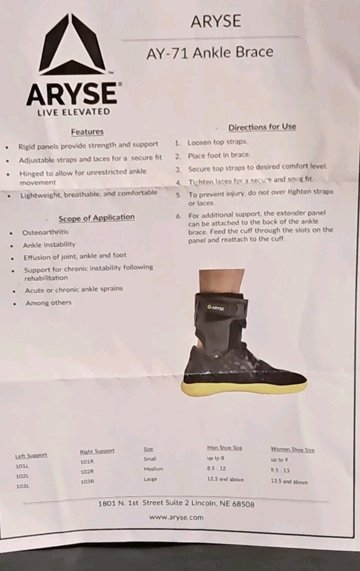 Aryse Right Side Ankle Brace Size Medium Support Strap Lace-Up AY-71