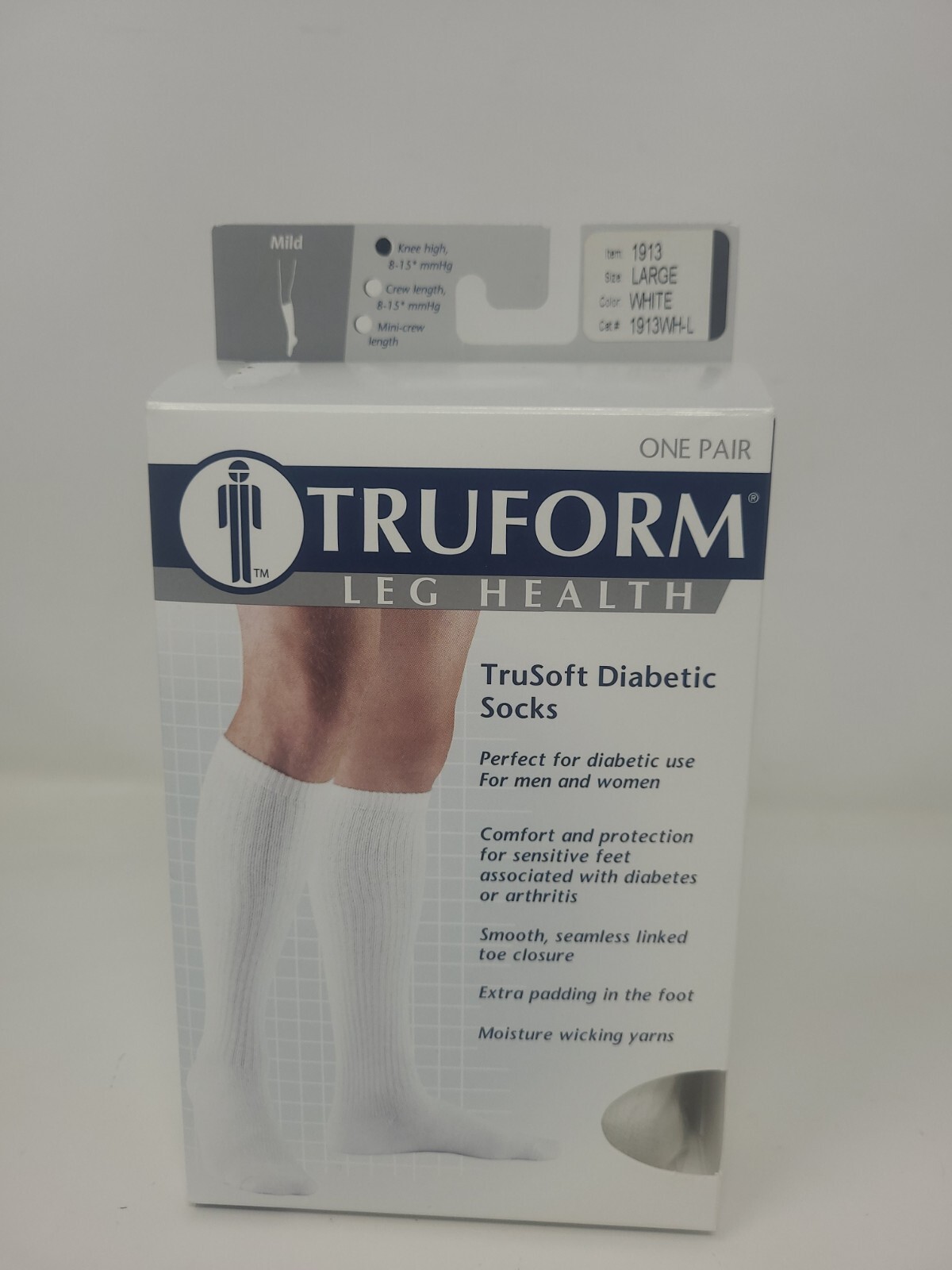 TRUFORM Leg Health TruSoft Diabetic Socks – White #1913 Large new