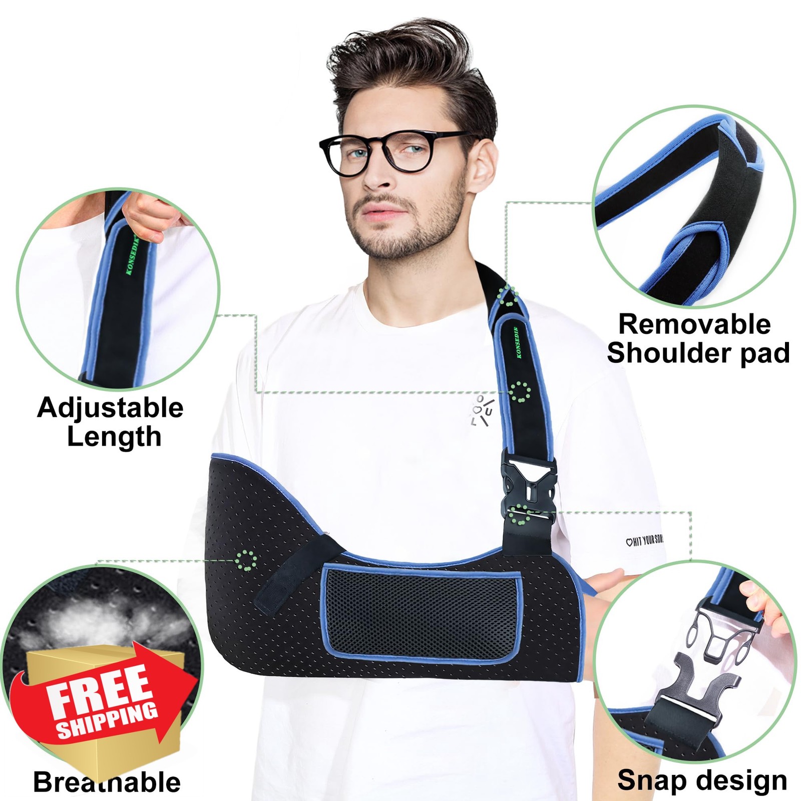 KONSEDIK Arm Sling Shoulder Support,Breathable Padded Brace with PocketandThu…