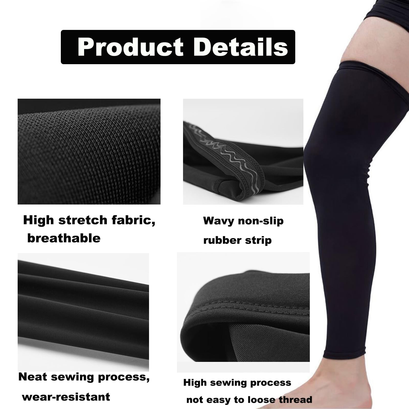 2 Pairs Compression Long Knee Sleeve Leg Sleeves with Anti-slip Silicone Stri…