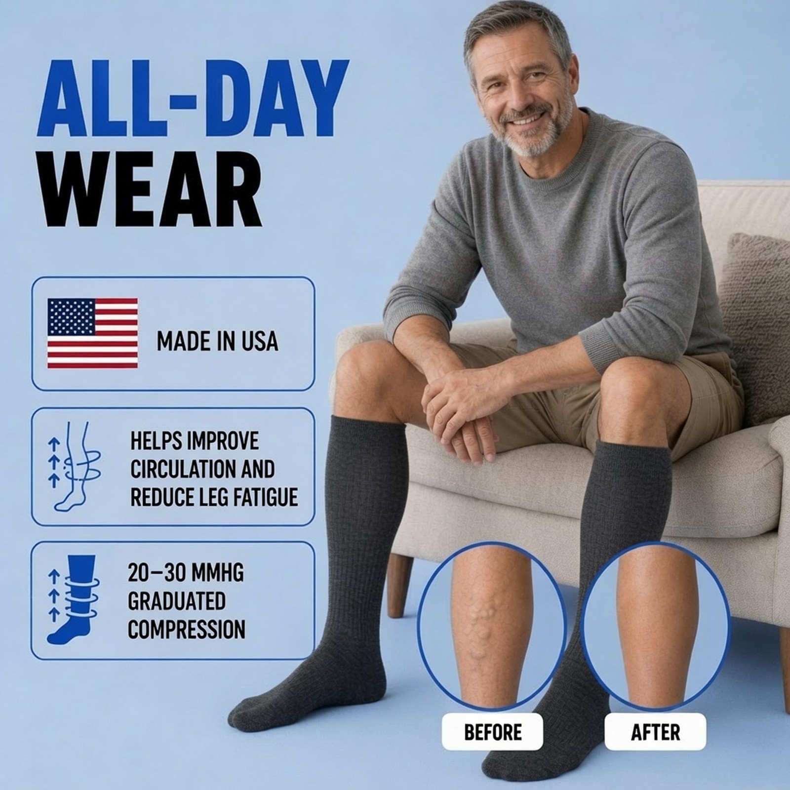 Mens Compression Socks for Circulation 20-30mmHg, Made in USA Opaque Graduate…