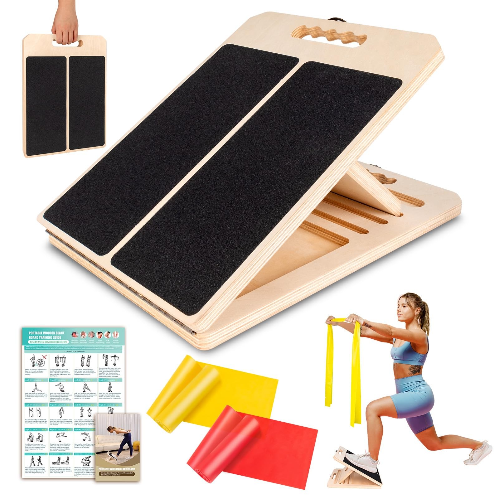 Wooden Slant Board for Calf Stretching, Portable Adjustable Black, Black