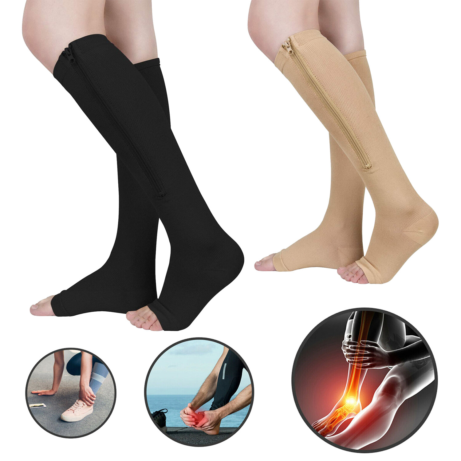 Zippered Compression Socks Support Stockings Leg Calf Men’s Women’s Sox (S-XXL)