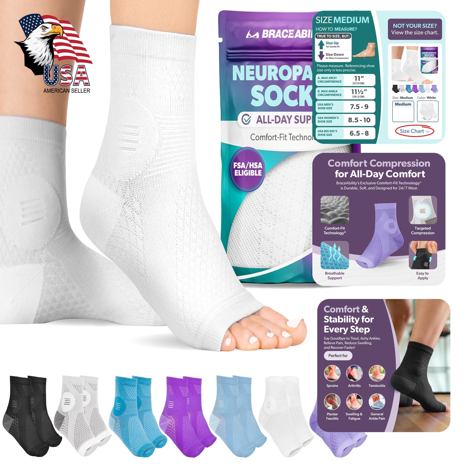BraceAbility Neuropathy Socks M White 1 Pair