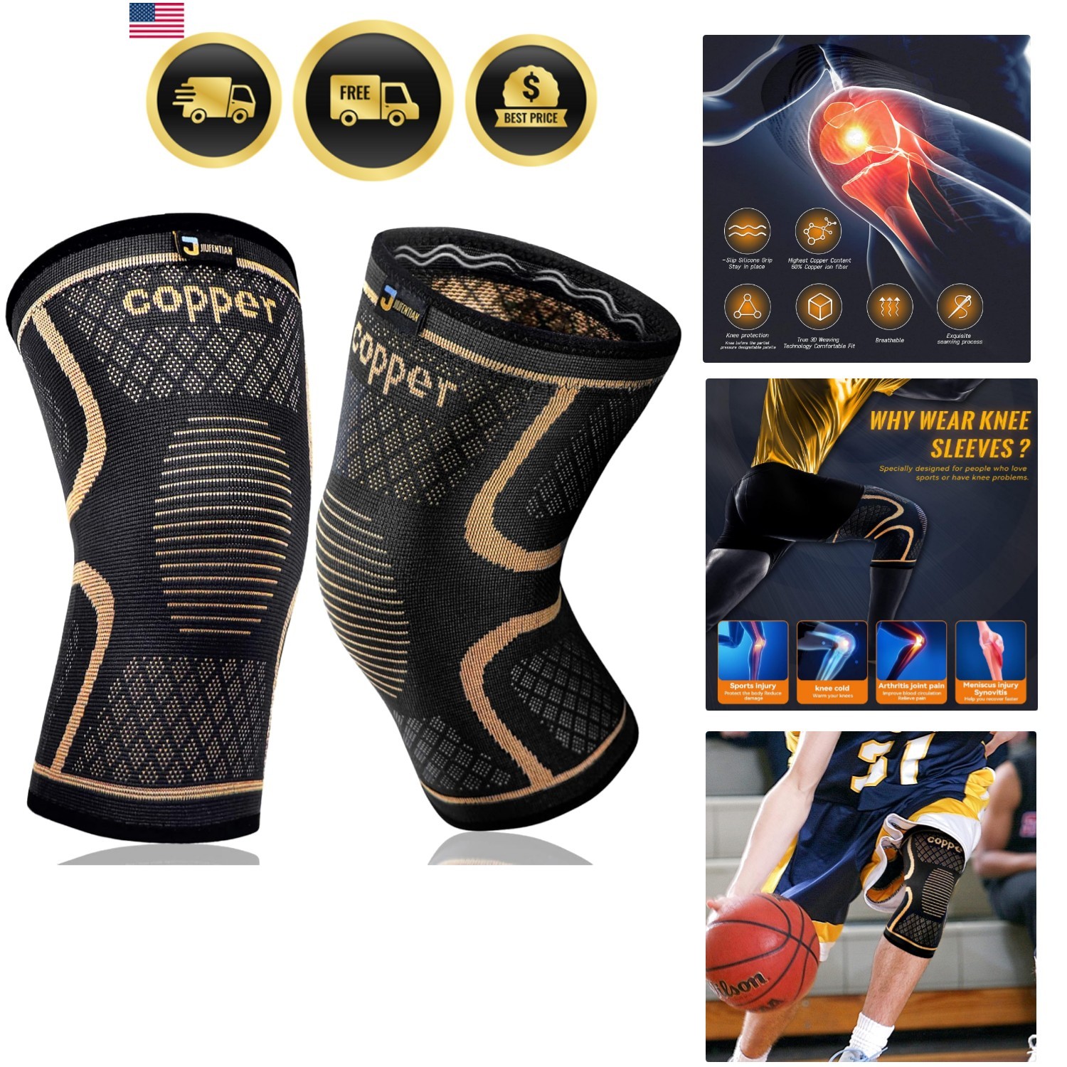 Copper Knee Braces for Men and Women 2 pack -Knee Supports Copper Compression…