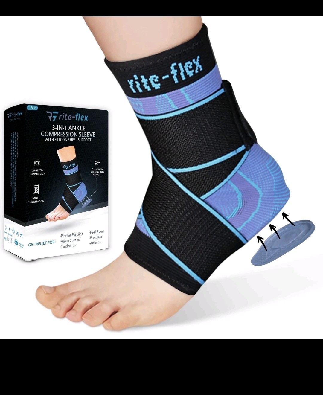 3-in-1 Ankle Compression Sleeve with Silicone Heel Pad Ankle Brace, LARGE – PAIR