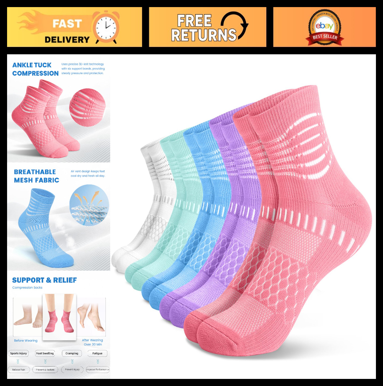 Ankle Compression Socks for Plantar Fasciitis Relief – Cushioned Athletic 3/5 Pa