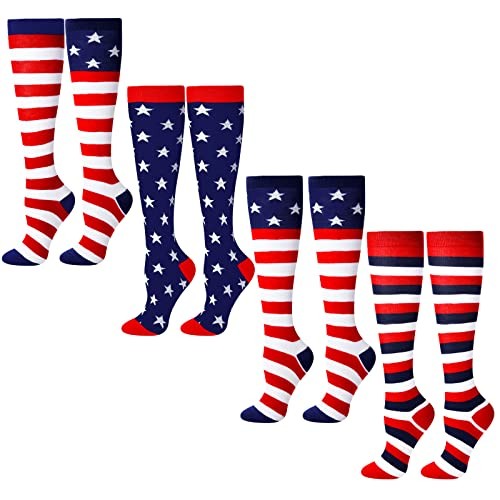 4 Pairs Women Men American Flag Knee Socks Christmas One Size Classic Colors