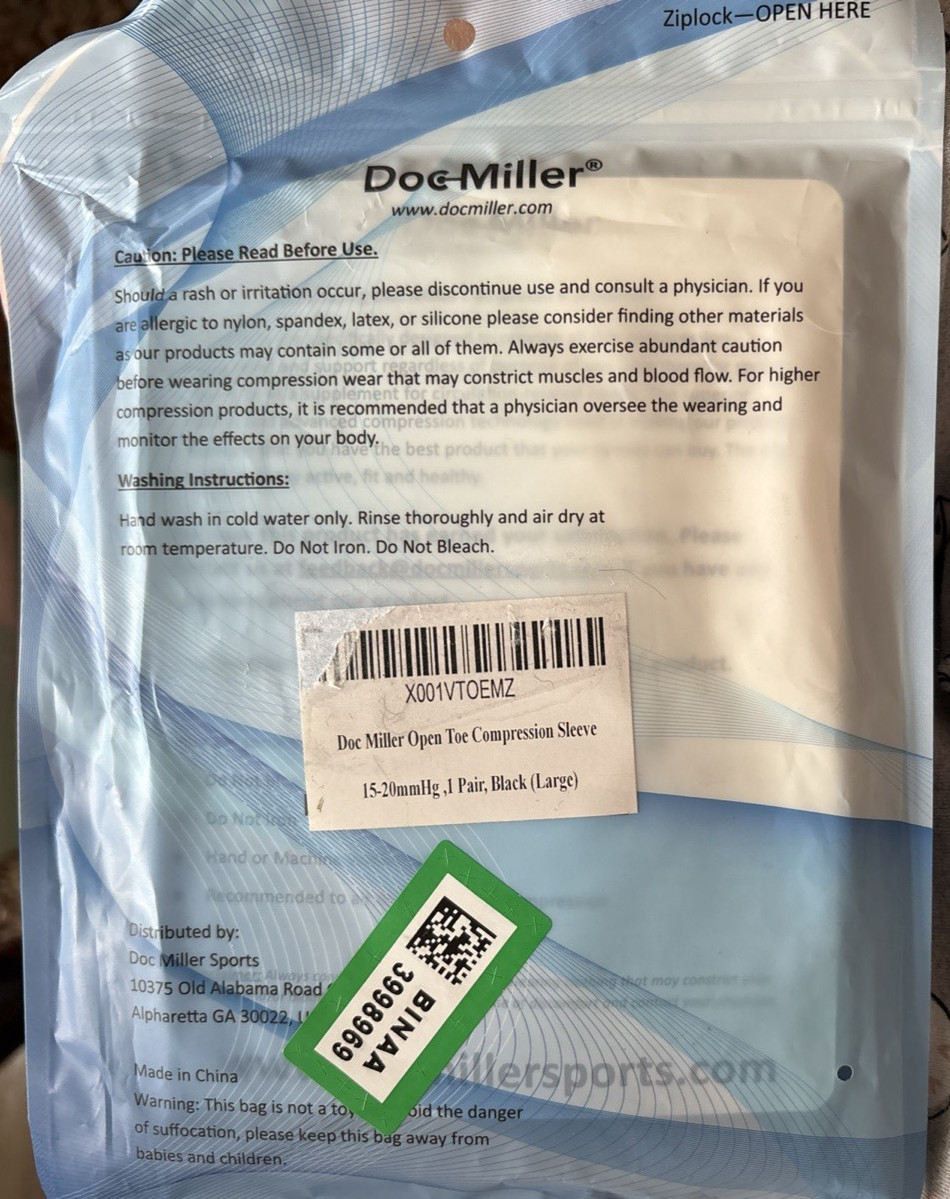 Doc Miller Open Toe Compression Sleeves 15-20mmHg Large Black 1 Pair New
