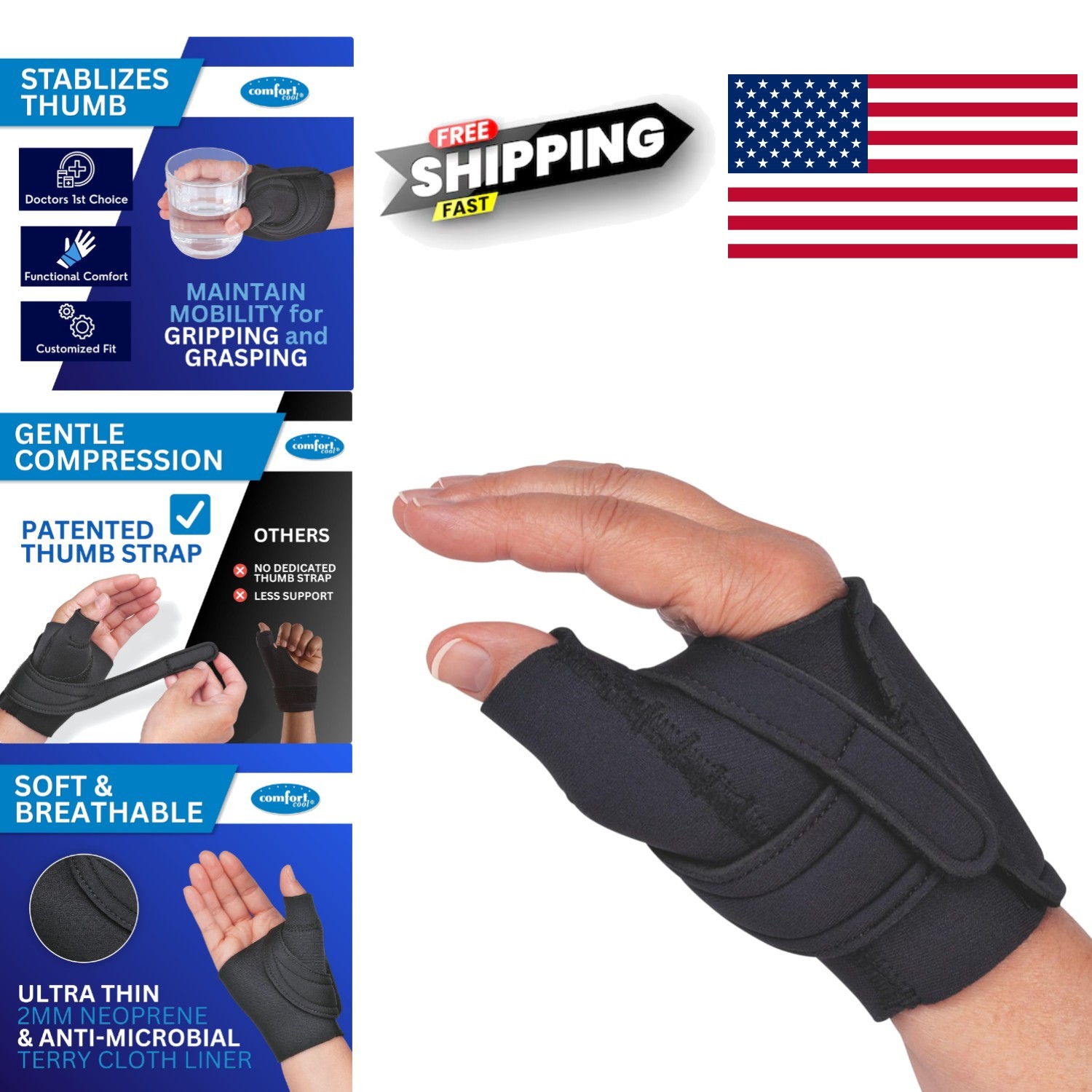 CMC Thumb Brace Left Hand Medium Black Neoprene for Arthritis Tendinitis Relief