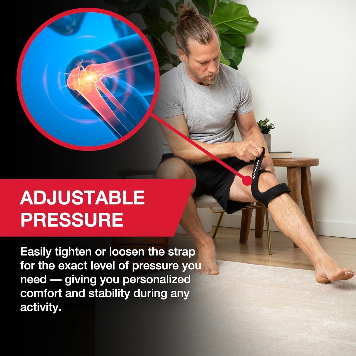 Knee Strap Compression Support Adjustable One Size for Pain Relief Black