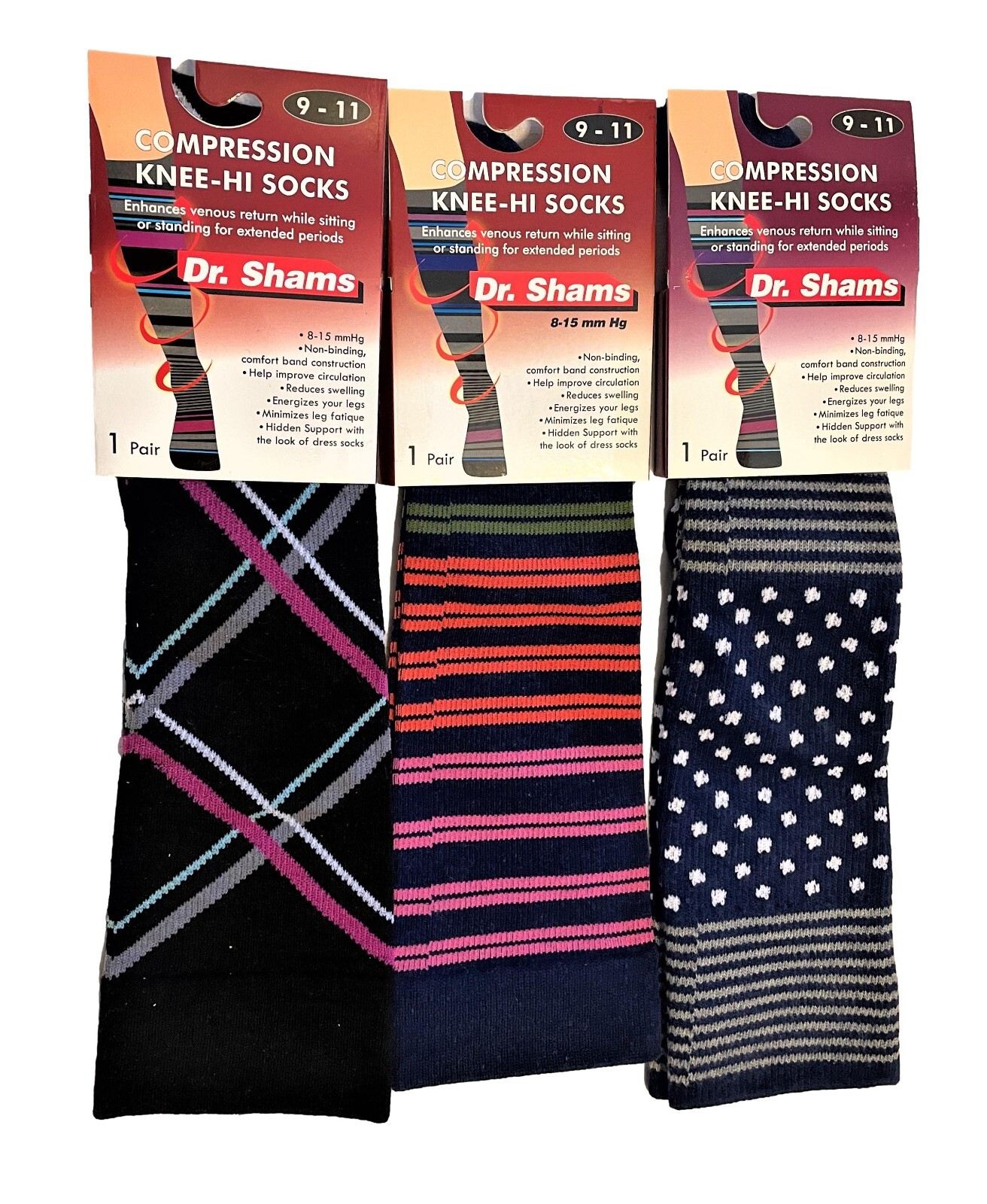 3 pair Compression Knee Hi Support Socks 8-15 MMHG Graduated 9-11 Dr. Shams