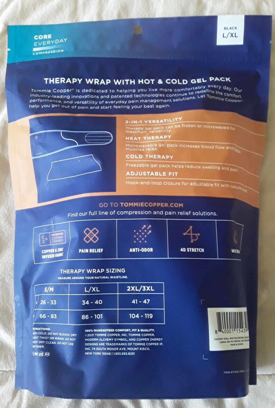 Therapy Wrap Compression Pain Relief Black Sz L/XL Hot Cold Gel Pack Adjustable