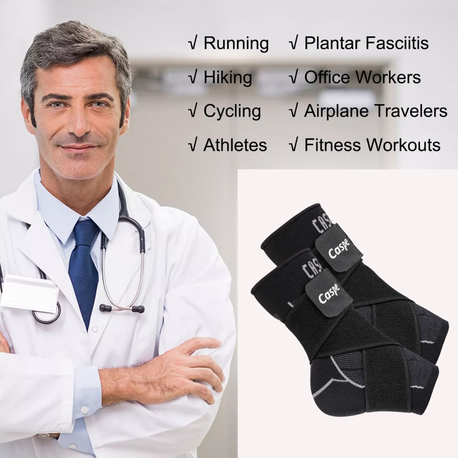 Caspe 2X Ankle Support Brace Compression Sleeve Socks Elastic Foot Pain Relief