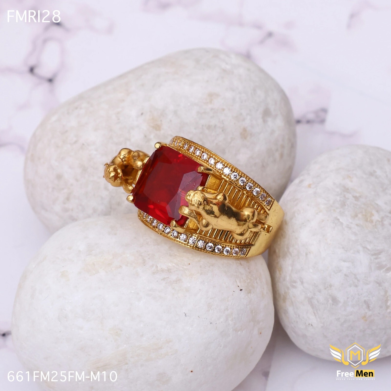 Lion Three Lines Red AD Golden Ring